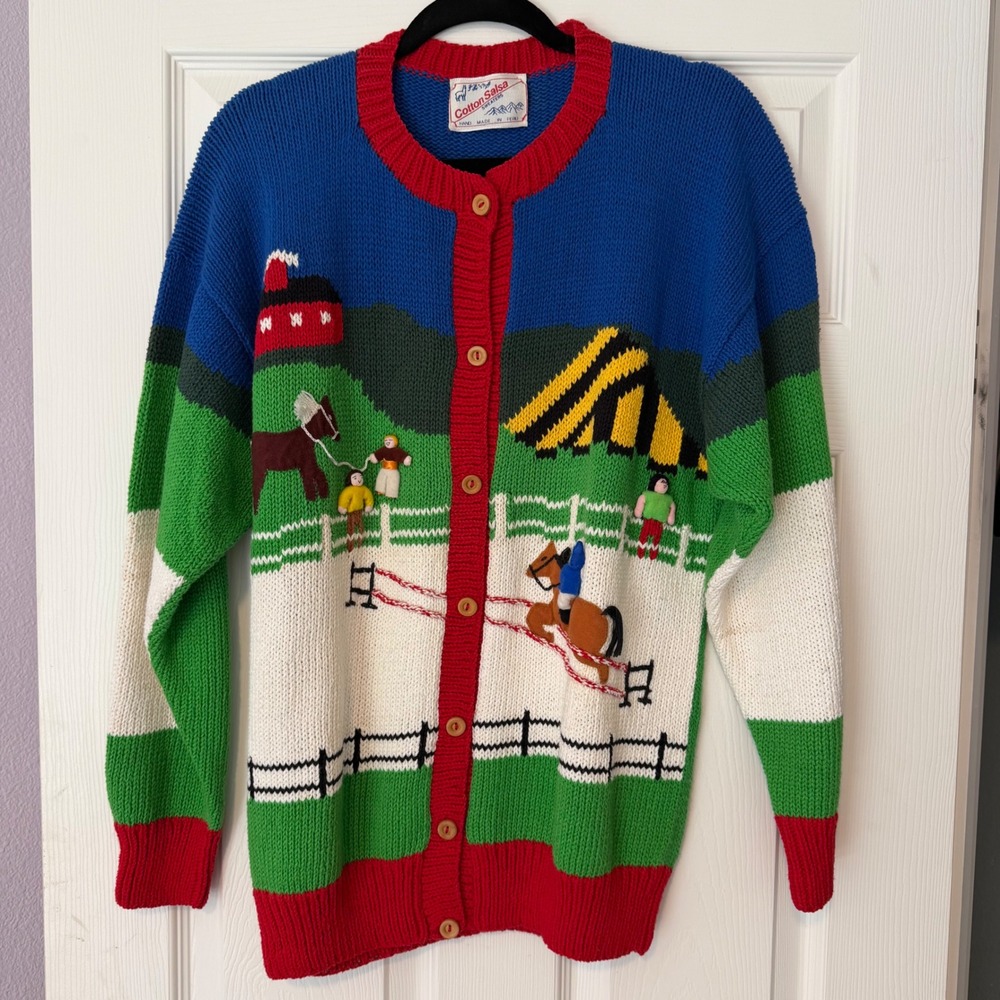 Vtg Hand Knit 3-D Horse Cardigan Sweater Equestrian Scene Embroidered Women L